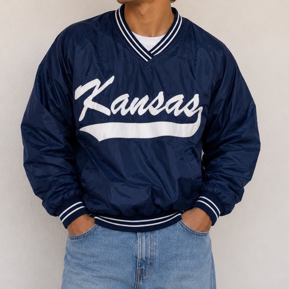 L Vintage Bike Kansas Pullover Windbreaker Jacket Navy Blue Mens 2XL Retro v1‎
